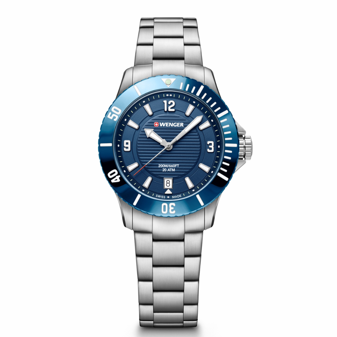 W Wenger watch with blue dial and silver bracelet on a white background