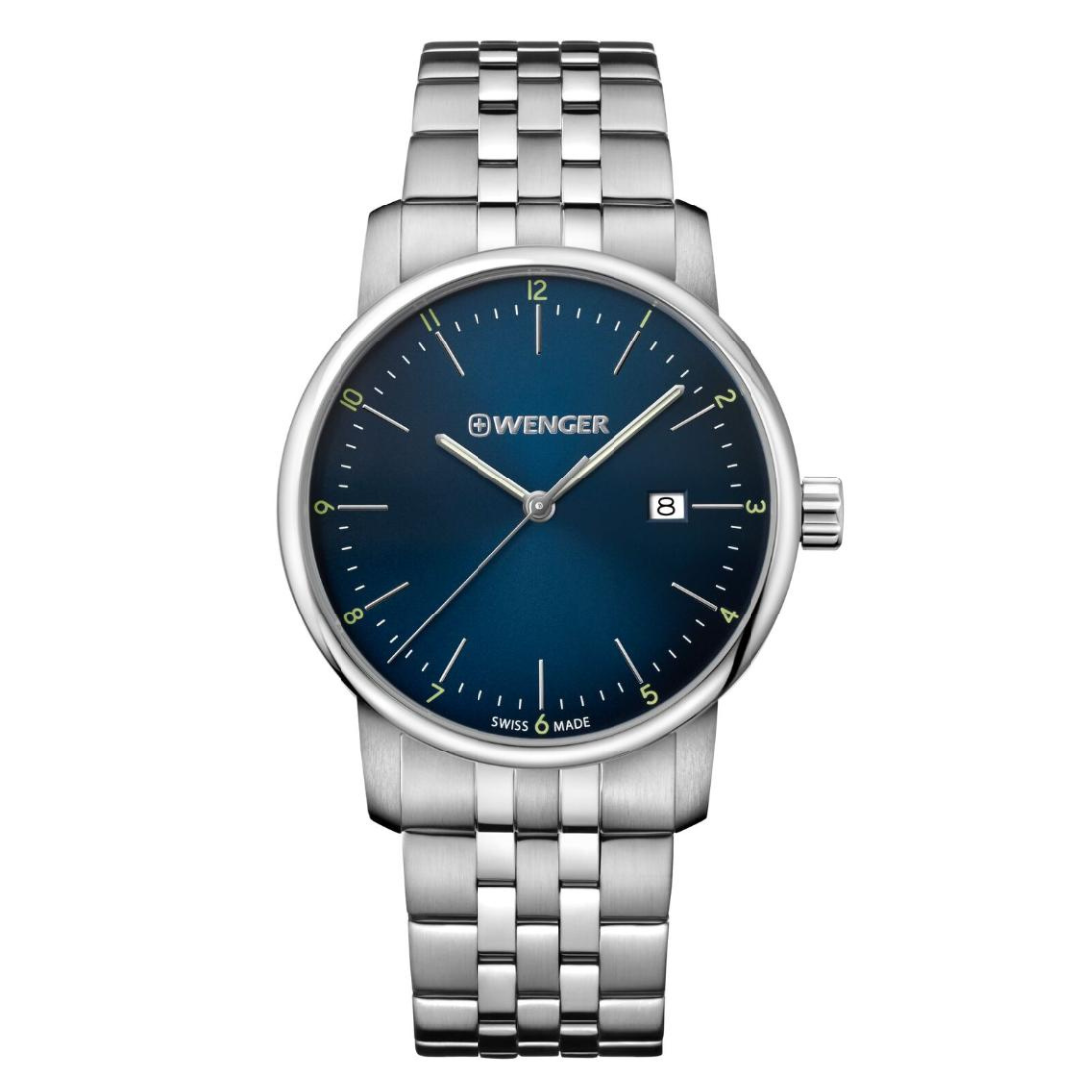 W Wenger watch with blue dial and silver metal bracelet on white background