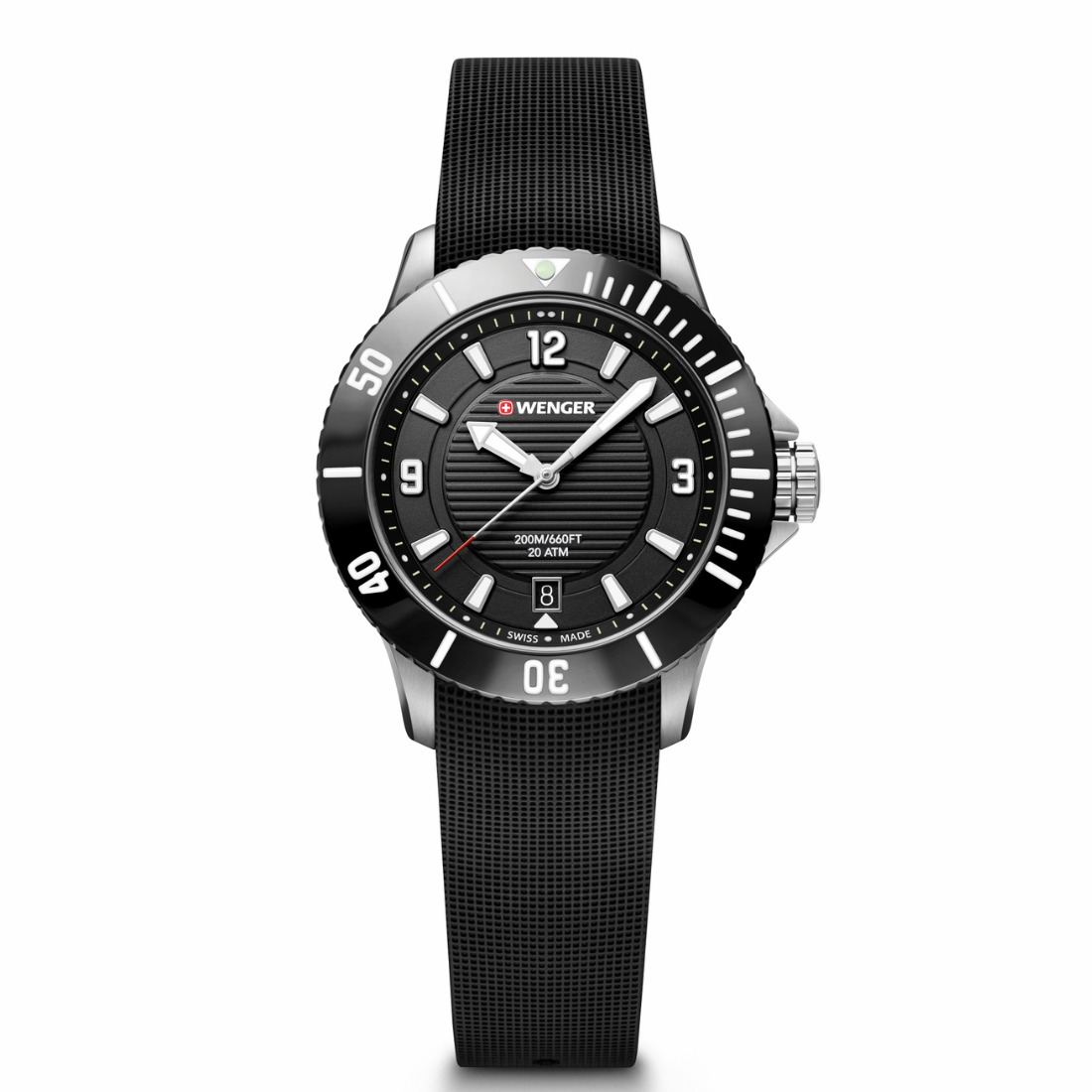 W Wenger watch with black strap and detailed face on a white background