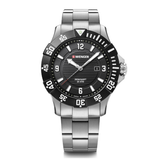 W Wenger watch with black dial and silver bracelet on a white background