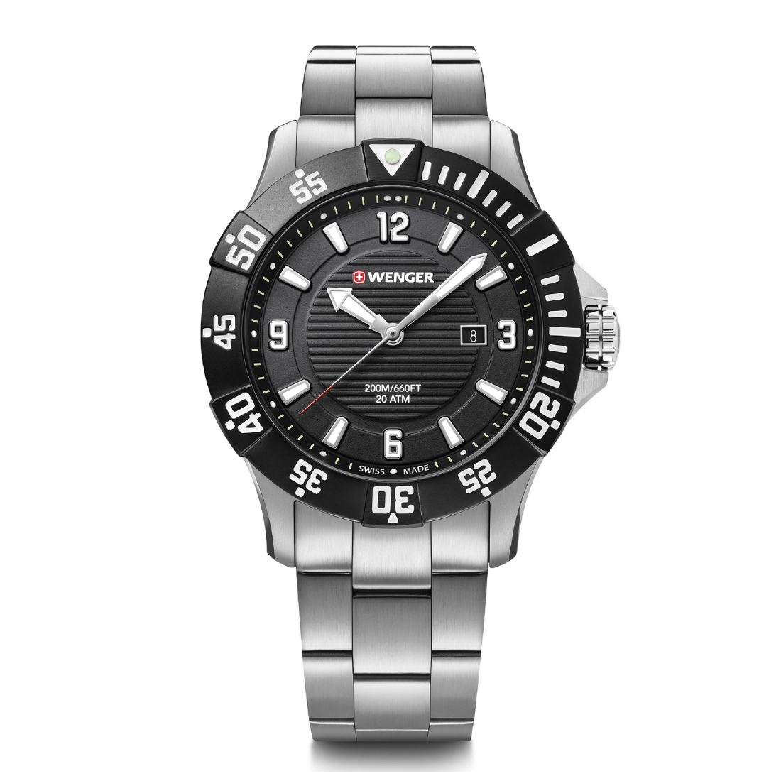 W Wenger watch with black dial and silver bracelet on a white background