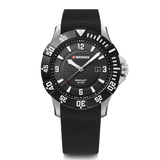 Black wristwatch with a detailed face on a white background