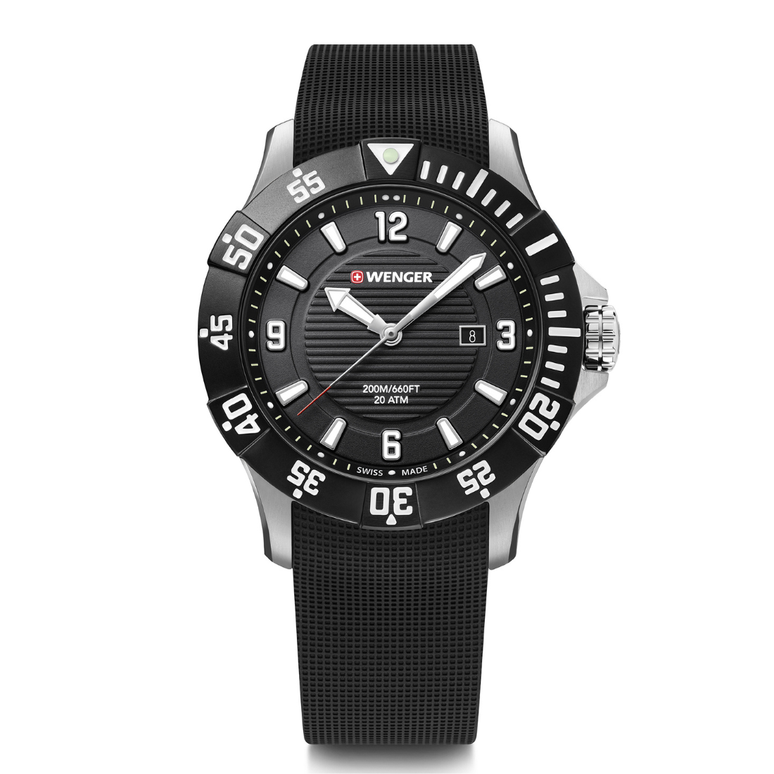 Black wristwatch with a detailed face on a white background