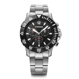 Wenger watch with black dial and silver bracelet on a white background