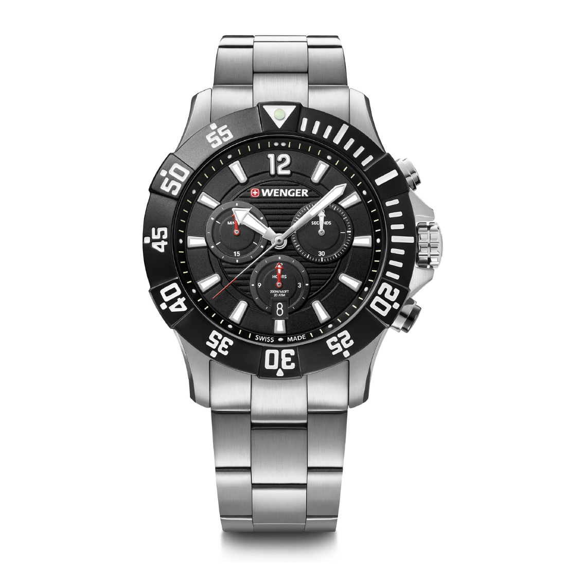 Wenger watch with black dial and silver bracelet on a white background