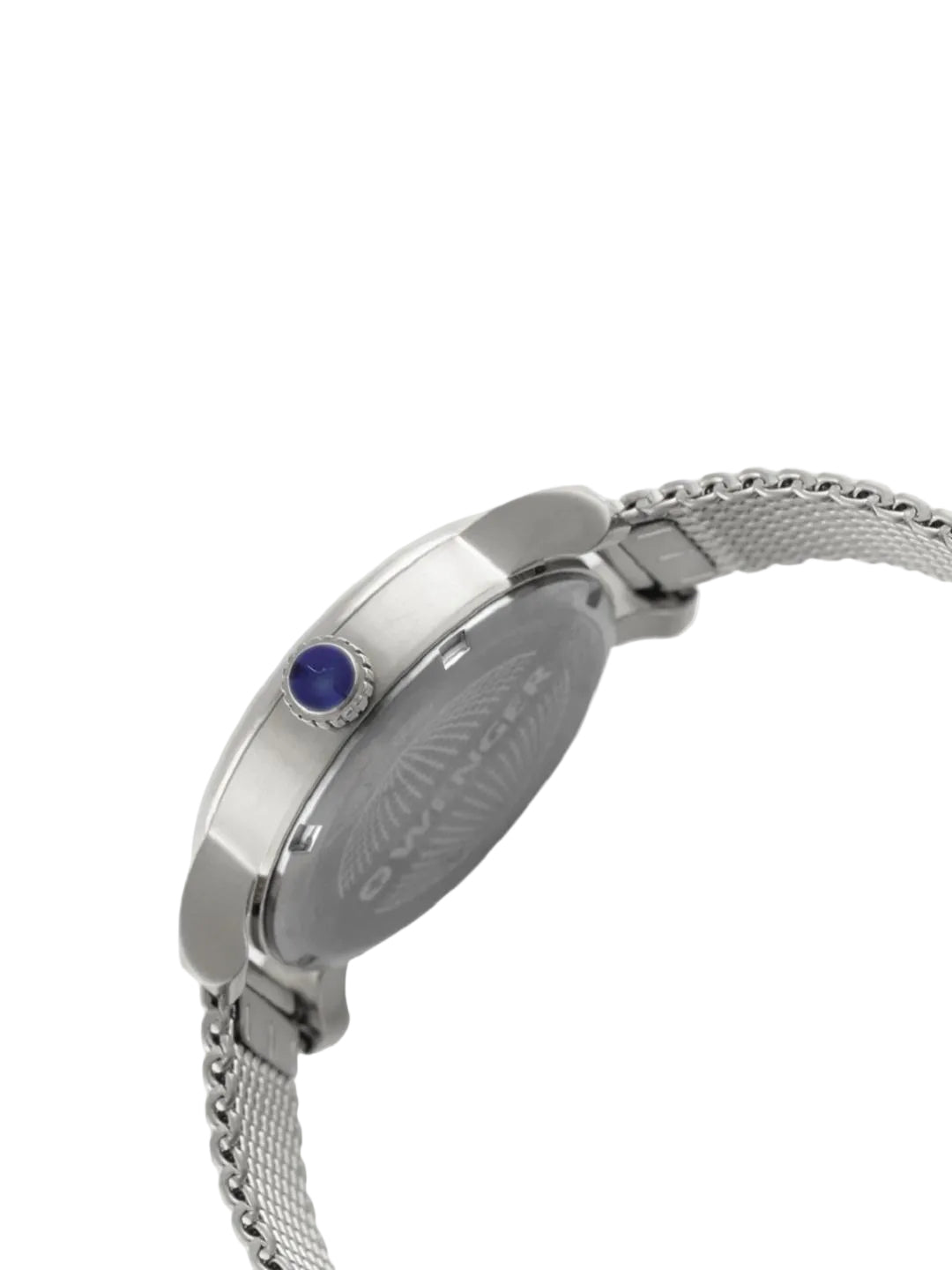 Close-up side view of a silver-toned wristwatch with a mesh metal band, a round silver case, and a small blue accent on the side.