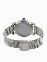 The back view of an Ow Wenger wrist watch with a silver stainless steel mesh band and case, featuring a small blue crown accent.