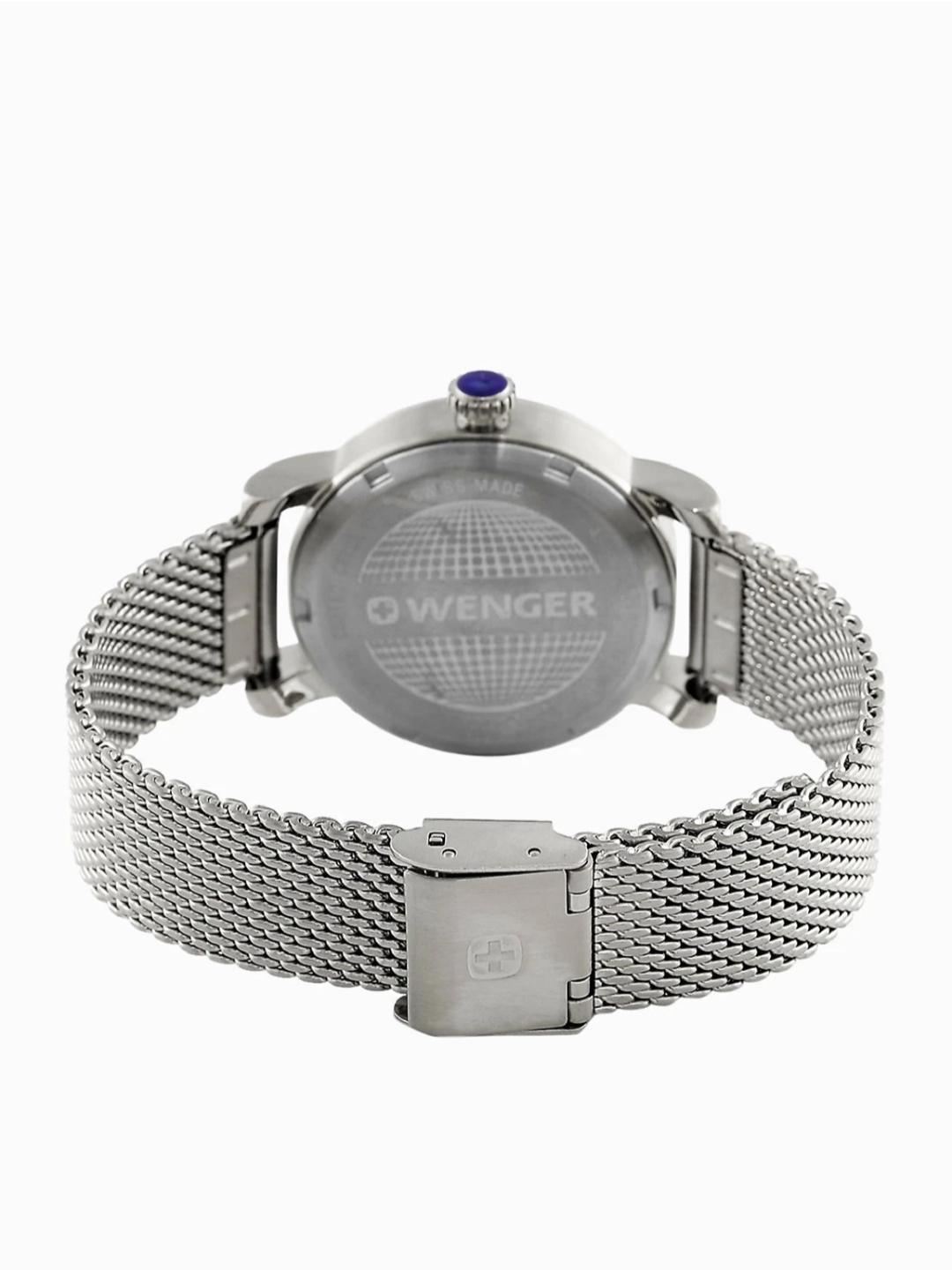 The back view of an Ow Wenger wrist watch with a silver stainless steel mesh band and case, featuring a small blue crown accent.
