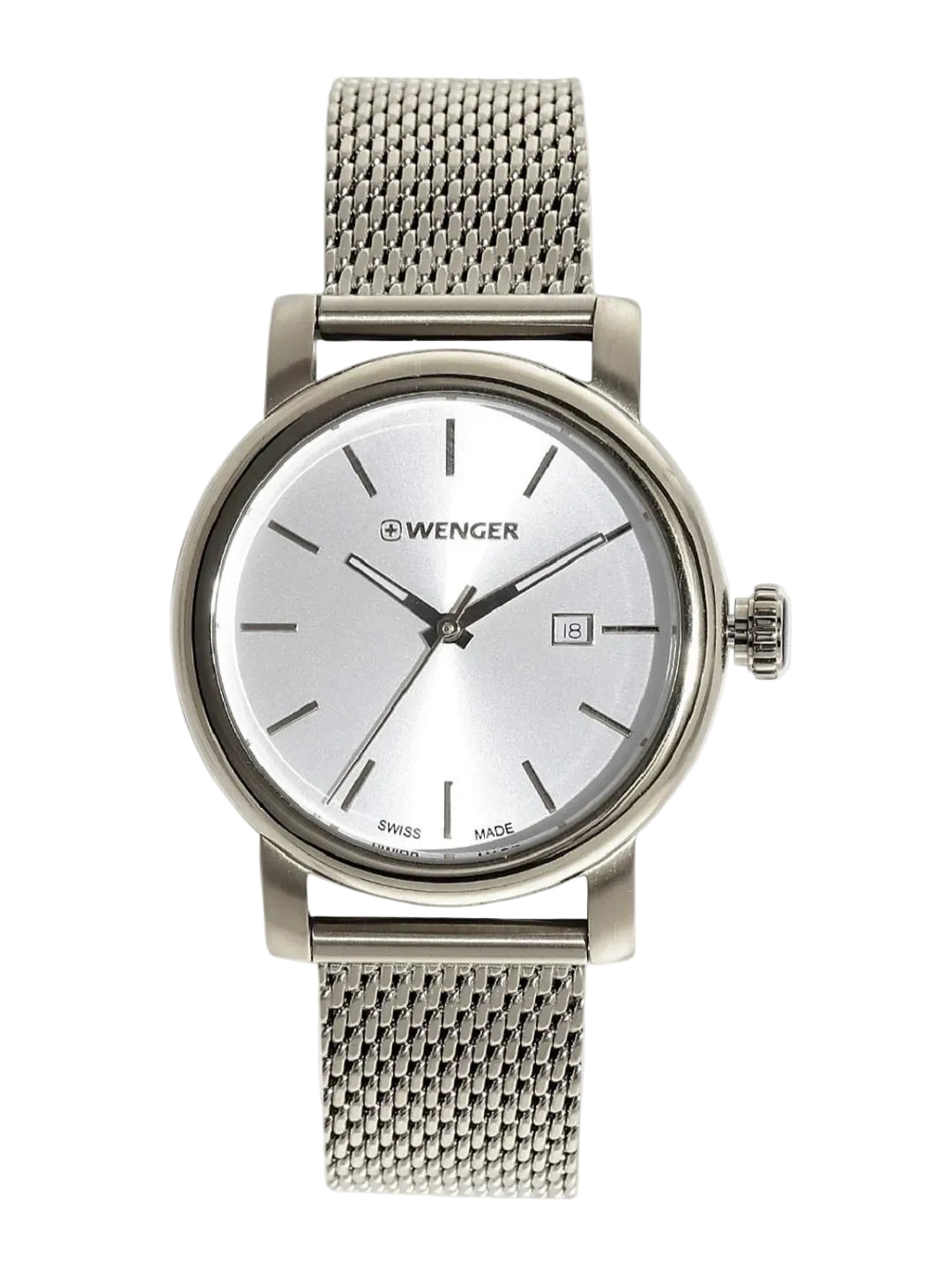 A silver-tone stainless steel wrist watch with a matching mesh strap, featuring a silver dial, slim hour markers, and a date window at the 3 o'clock position. The brand name 'WENGER' is clearly visible on the dial.