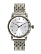 A silver-tone stainless steel wrist watch with a matching mesh strap, featuring a silver dial, slim hour markers, and a date window at the 3 o'clock position. The brand name 'WENGER' is clearly visible on the dial.