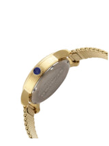 Close-up side view of a gold-tone wristwatch with a mesh band and a round blue accent on the case, shown against a light gray background.