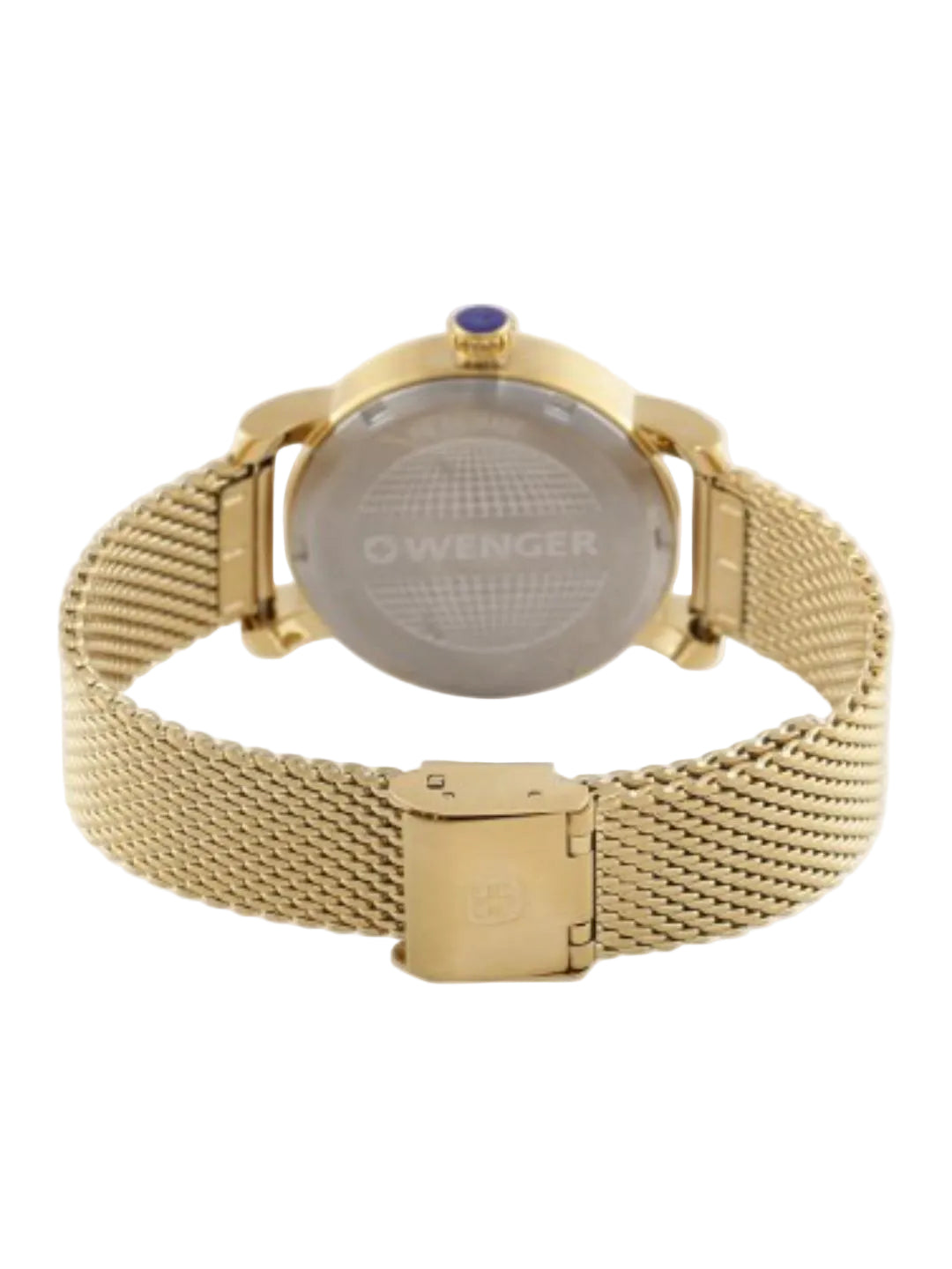 Back view of a gold-tone Owenger women's watch with a mesh strap and a small blue accent stone on the crown.