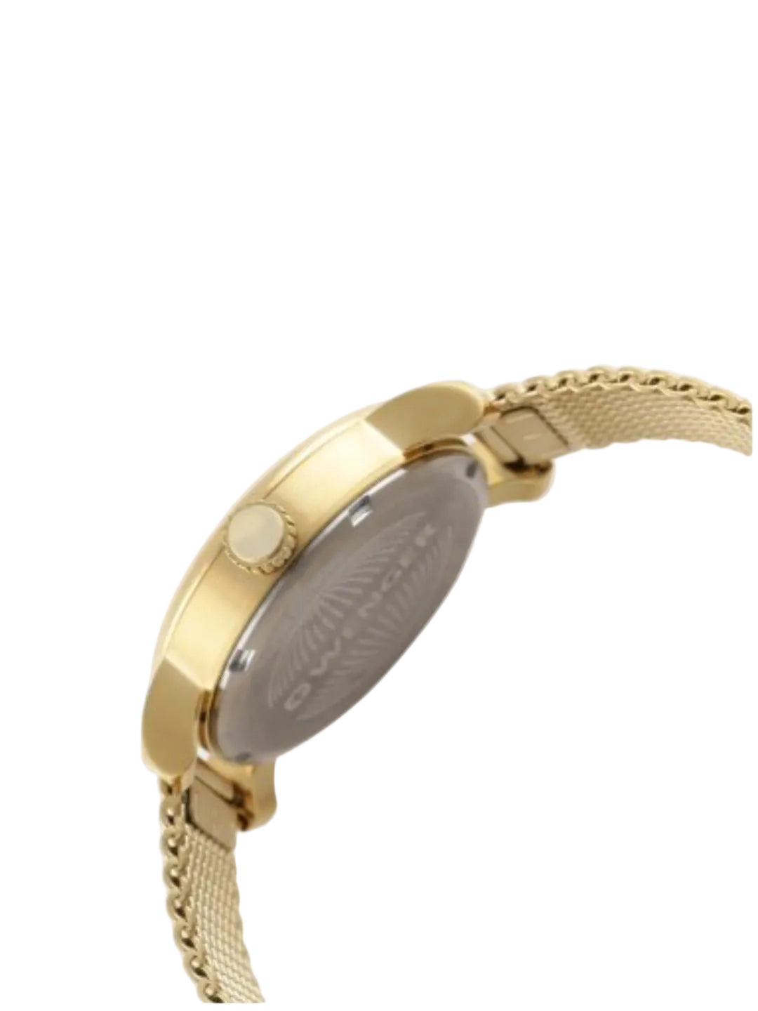 Close-up side view of a gold-tone watch with a mesh metal band and a round dial, shown on a light gray background.