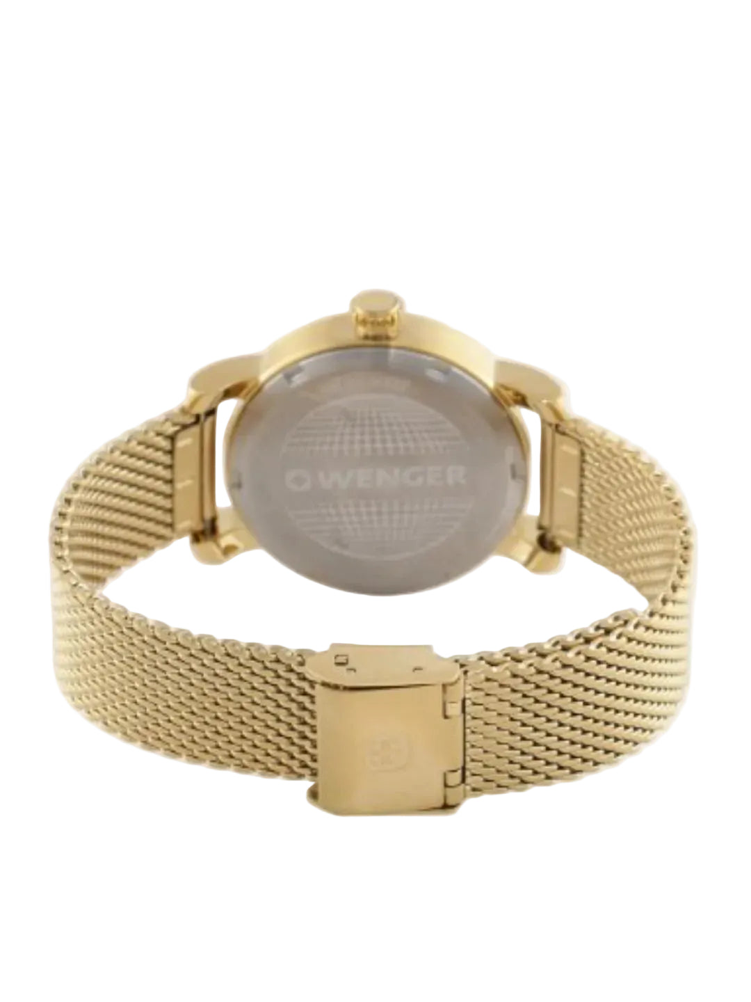 Gold-tone Ow Wenger women's watch with a mesh metal band, shown from the back on a light gray background.