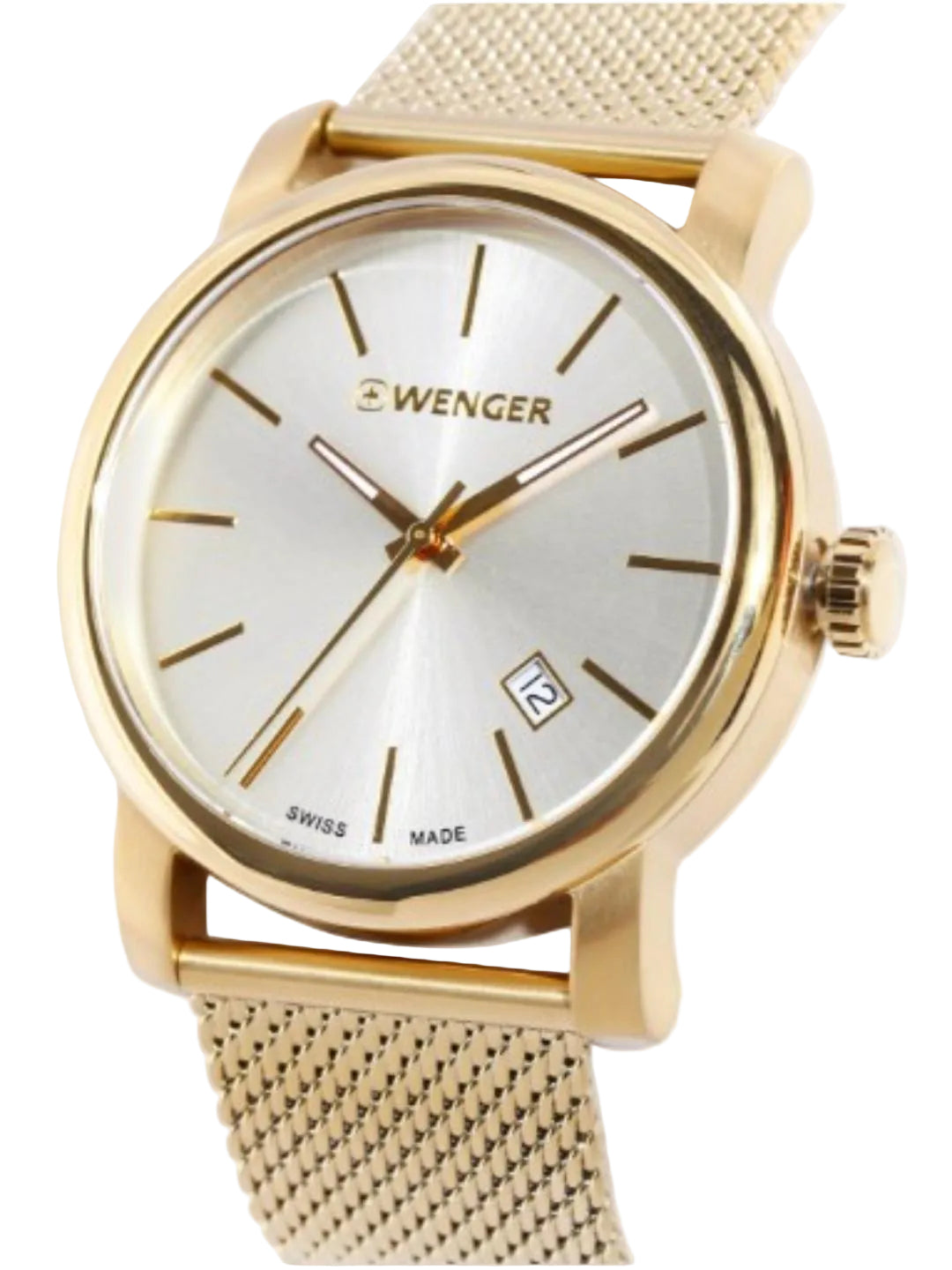 A Swinger wristwatch with a gold-tone case, a white dial with gold-tone hands and markers, and a matching gold-tone mesh strap, shown against a light gray background.