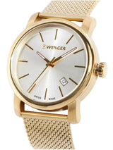 A Swinger wristwatch with a gold-tone case, a white dial with gold-tone hands and markers, and a matching gold-tone mesh strap, shown against a light gray background.