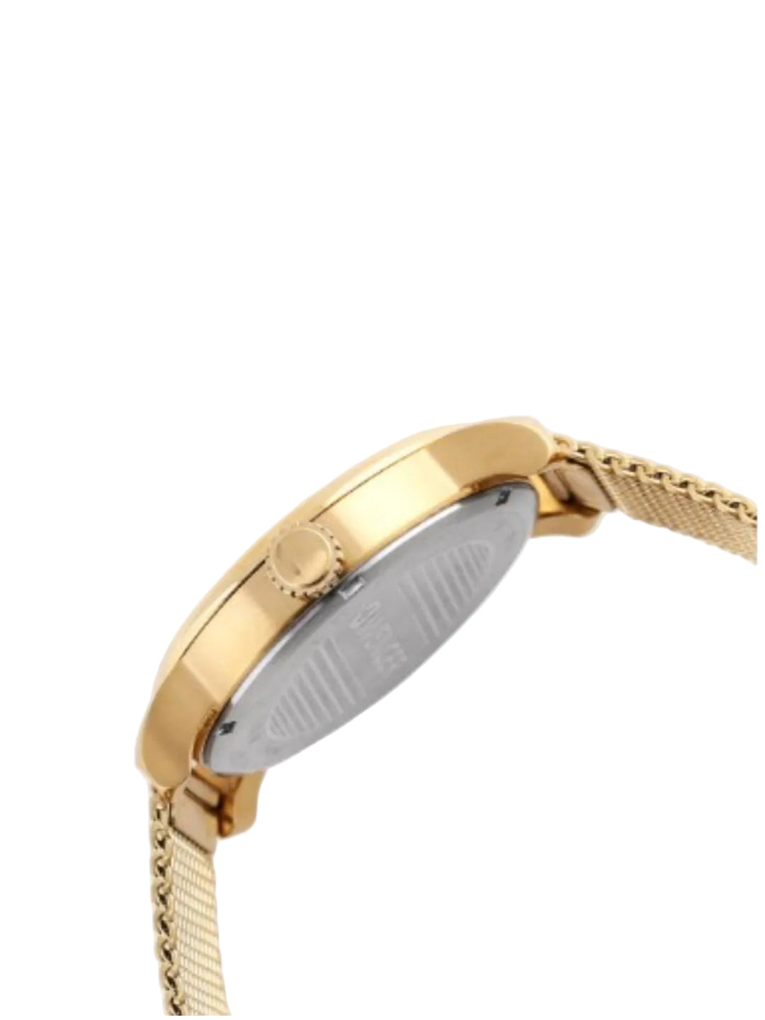 Close-up side view of a gold-tone wristwatch with a mesh band and a silver-toned metal case back, shown on a light gray background.
