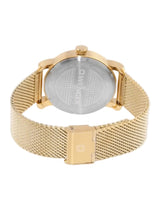 Back view of a men's analog watch with a gold-tone case and matching gold-tone mesh strap, showing the engraved back case and clasp on a light gray background.