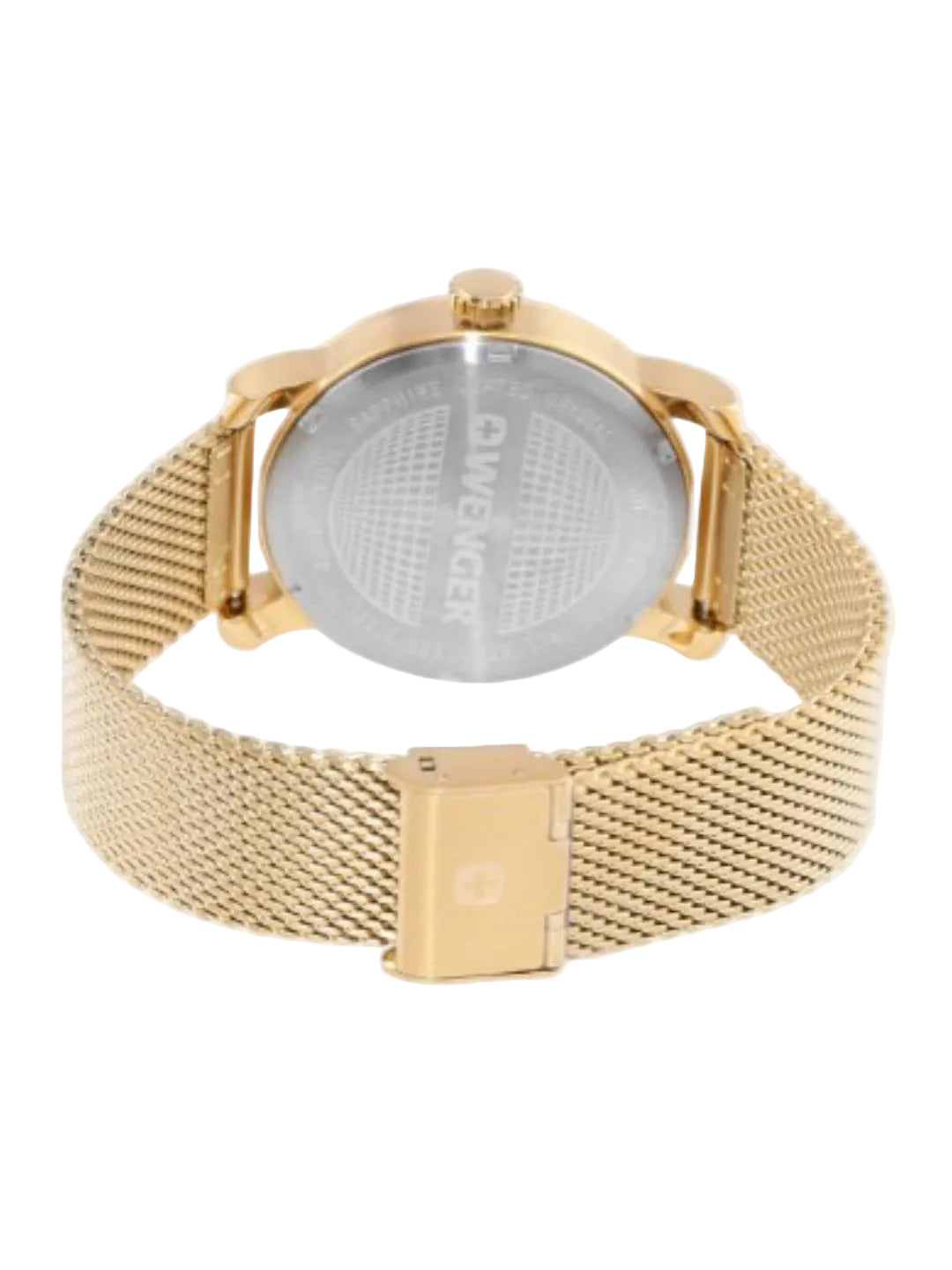 Back view of a men's analog watch with a gold-tone case and matching gold-tone mesh strap, showing the engraved back case and clasp on a light gray background.