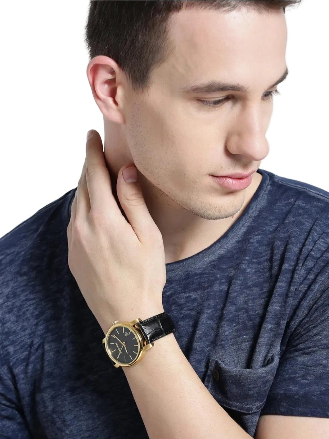 A man wearing a gold-tone wristwatch with a black leather strap and a black dial, shown in a close-up lifestyle shot against a light gray background.