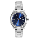 Silver watch with blue face on a white background