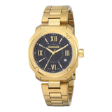 Gold wristwatch with a black dial on a white background