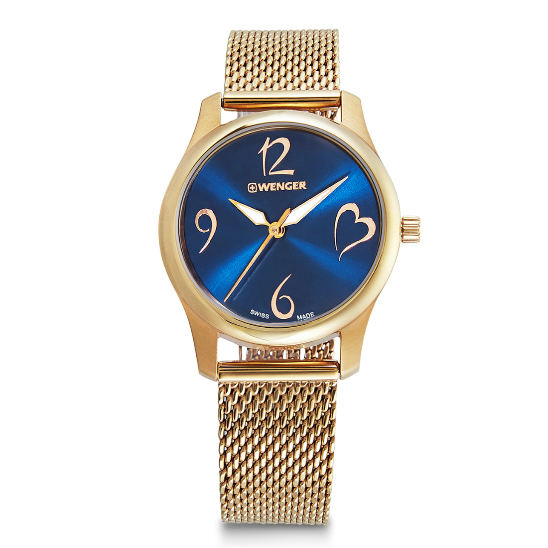 Gold wristwatch with blue dial featuring a heart design on a white background