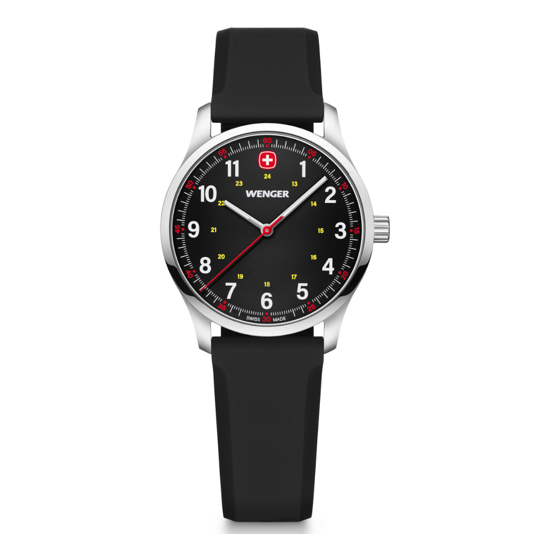 W Wenger watch with black strap and black dial on a white background