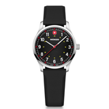 W Wenger watch with black strap and black dial on a white background