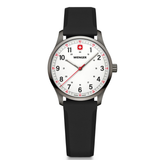 W Wenger watch with black strap and white dial on a white background