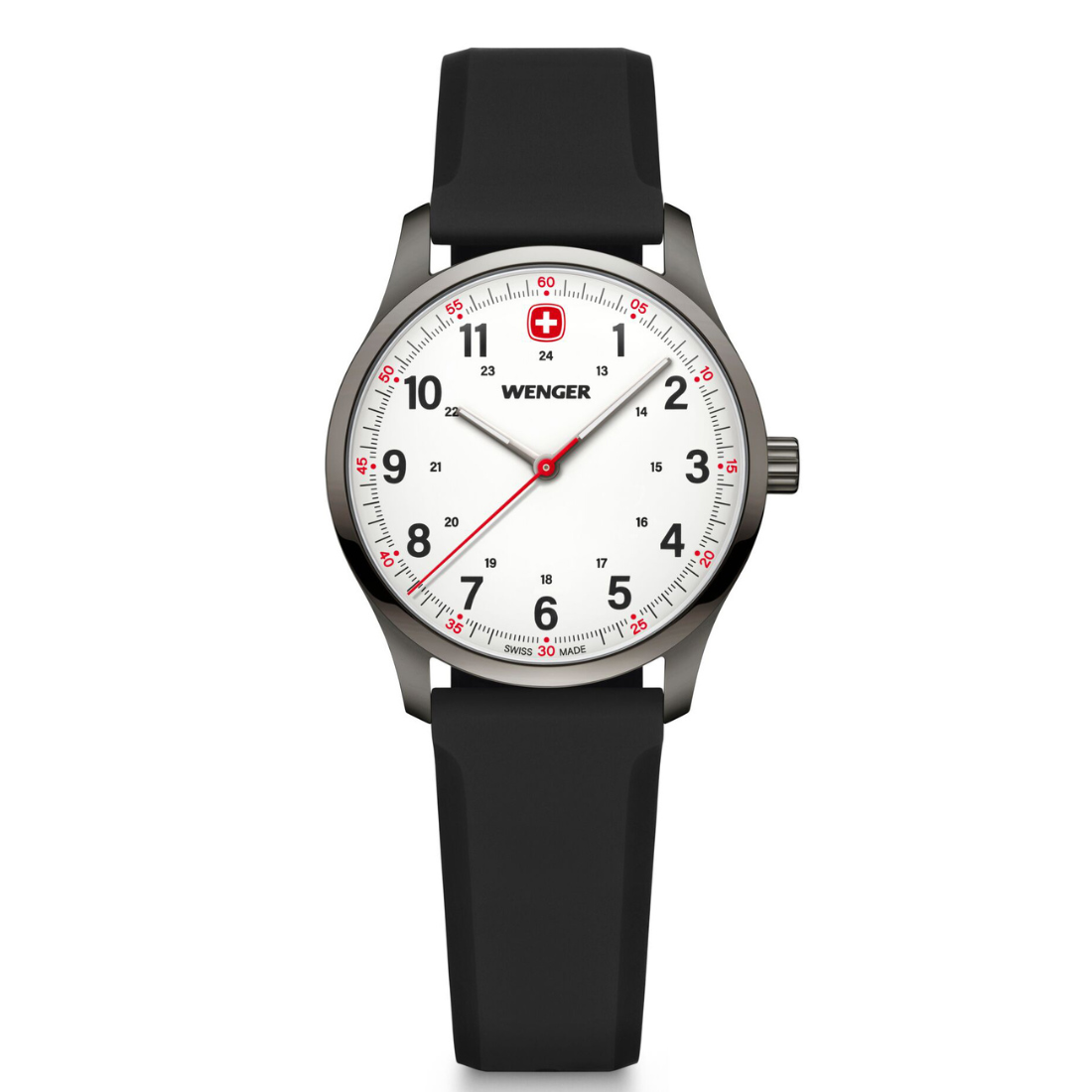 W Wenger watch with black strap and white dial on a white background