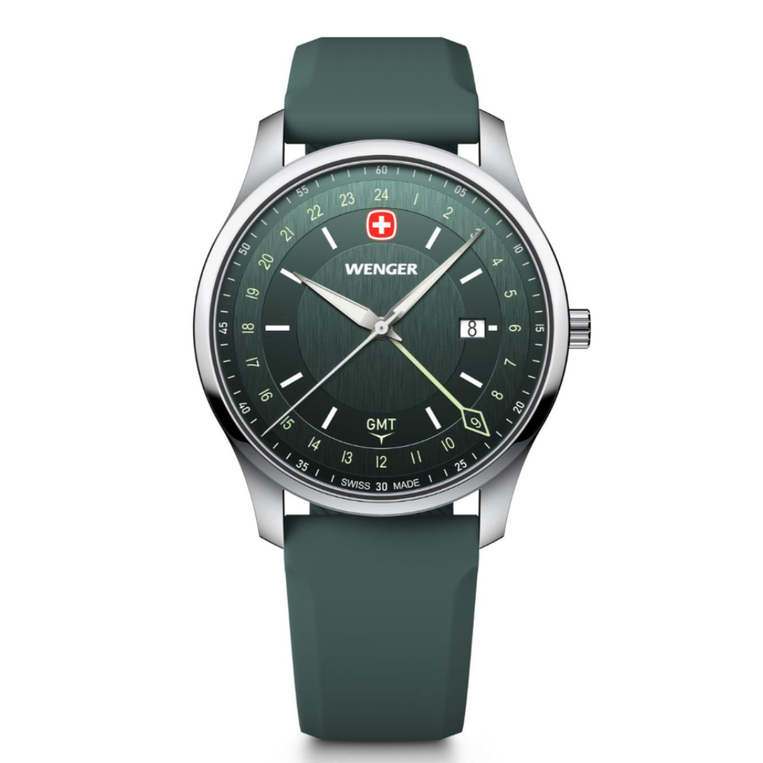 W Wenger watch with green strap and face on a white background