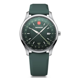 W Wenger watch with green strap and face on a white background