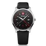 Wenger City GMT Swiss Made 42 mm black dial men's watch with stainless steel bracelet.