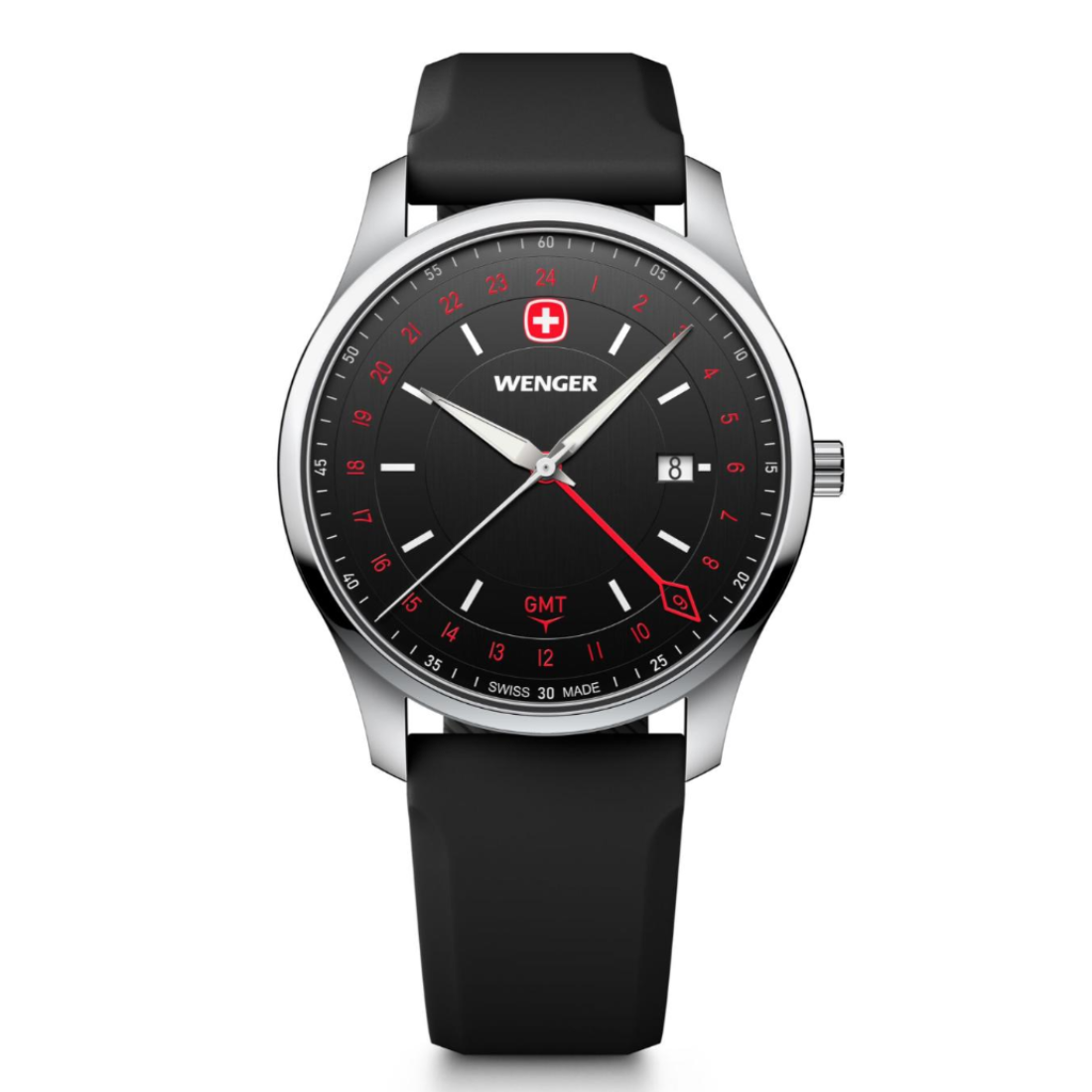 Wenger City GMT Swiss Made 42 mm black dial men's watch with stainless steel bracelet.