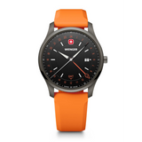 W Wenger watch with orange strap on a white background