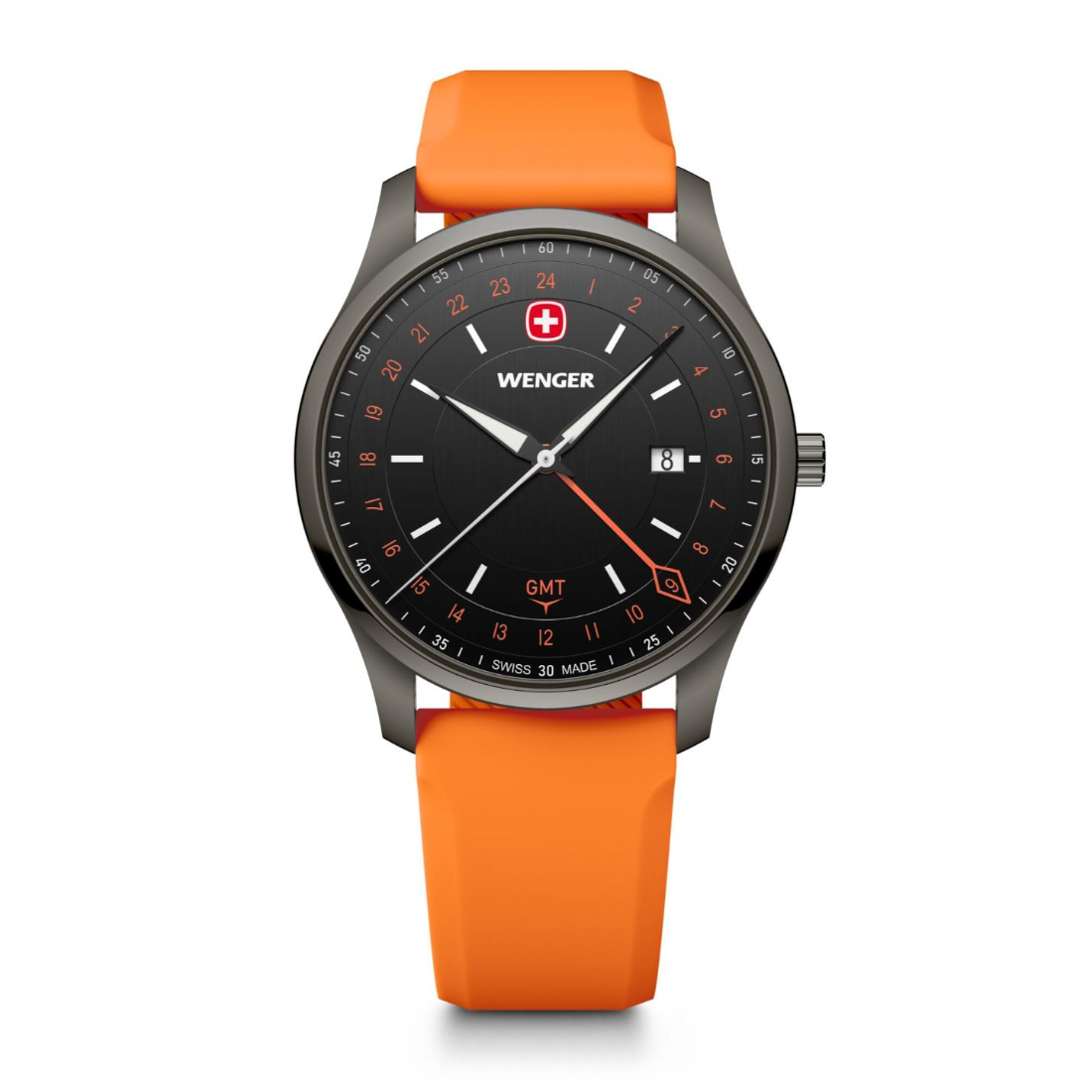 W Wenger watch with orange strap on a white background