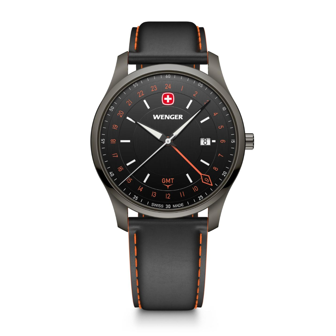 Wenger City GMT Swiss Made 42 mm black dial men's watch with black leather strap