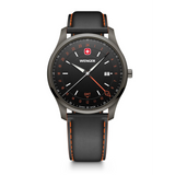 Wenger City GMT Swiss Made 42 mm black dial men's watch with black leather strap