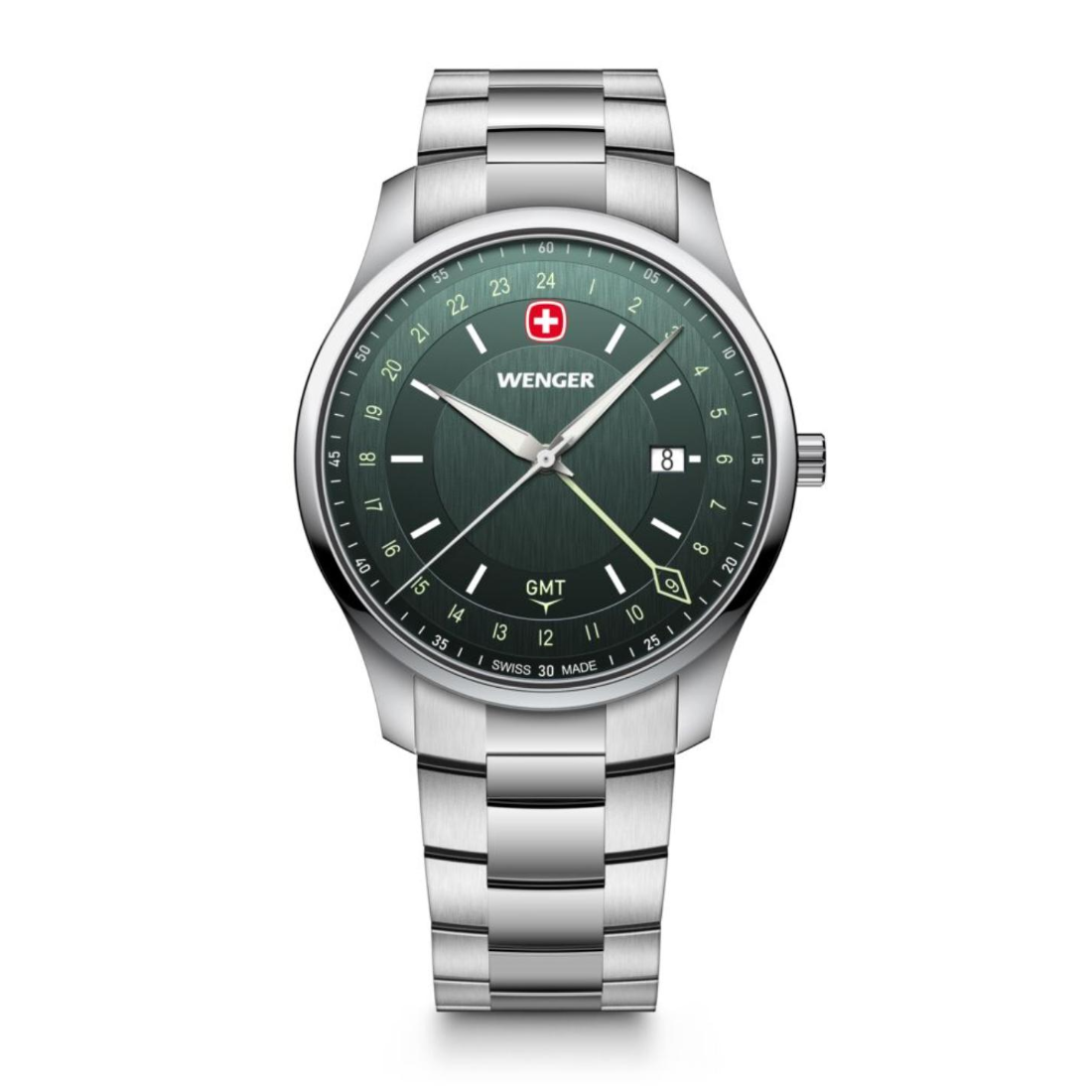 Wenger City GMT Swiss Made 42 mm green dial men's watch with stainless steel bracelet