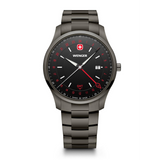 Wenger watch with black dial and red accents on a white background