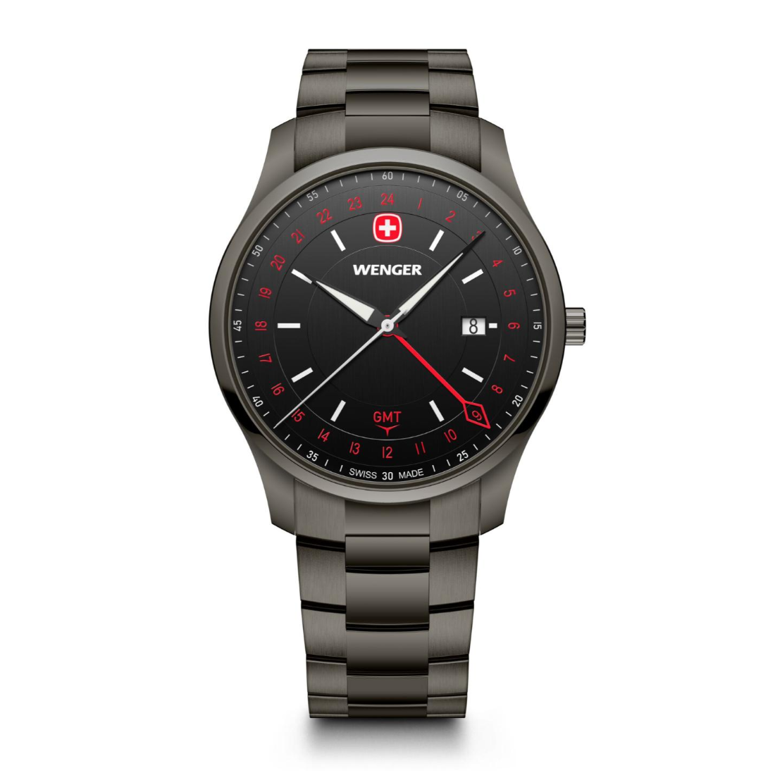 Wenger watch with black dial and red accents on a white background