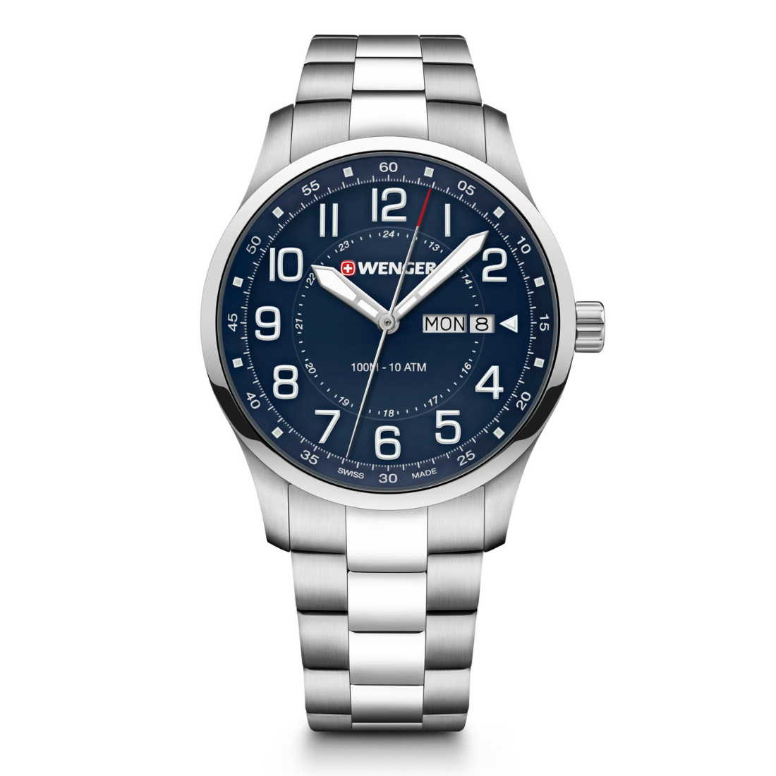 A stainless steel wrist watch with a dark blue dial, silver-tone metal case and bracelet, featuring large white Arabic numerals, a day and date window, and a red brand logo on the dial.