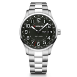 Wenzer watch with black dial and silver metal strap on a white background