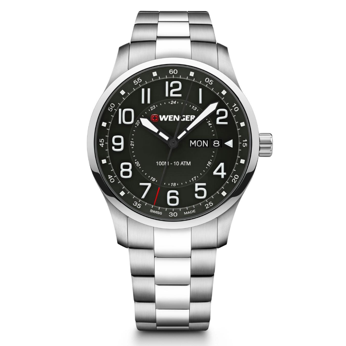 Wenzer watch with black dial and silver metal strap on a white background