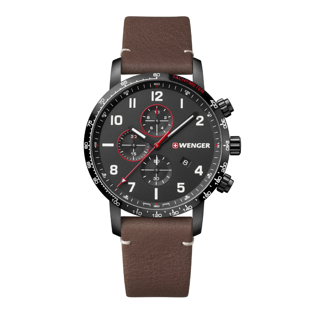 Wenger watch with brown leather strap and black dial on a white background
