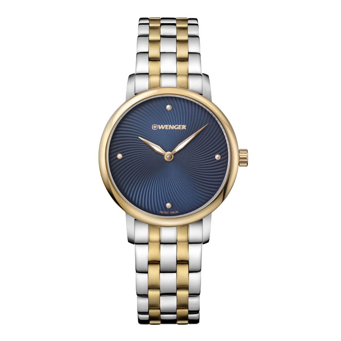 A women's two-tone analog watch by Wenger, featuring a blue sunburst dial, gold-tone case, and a two-tone silver and gold link bracelet, shown against a plain white background.