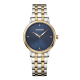 A women's two-tone analog watch by Wenger, featuring a blue sunburst dial, gold-tone case, and a two-tone silver and gold link bracelet, shown against a plain white background.