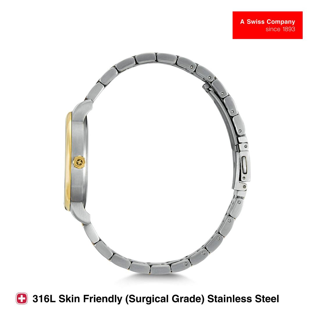 Silver bracelet with gold clasp on a white background, featuring text about material and brand.
