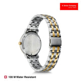 Two-tone watch with metal band on a white background, featuring a Swiss brand logo.